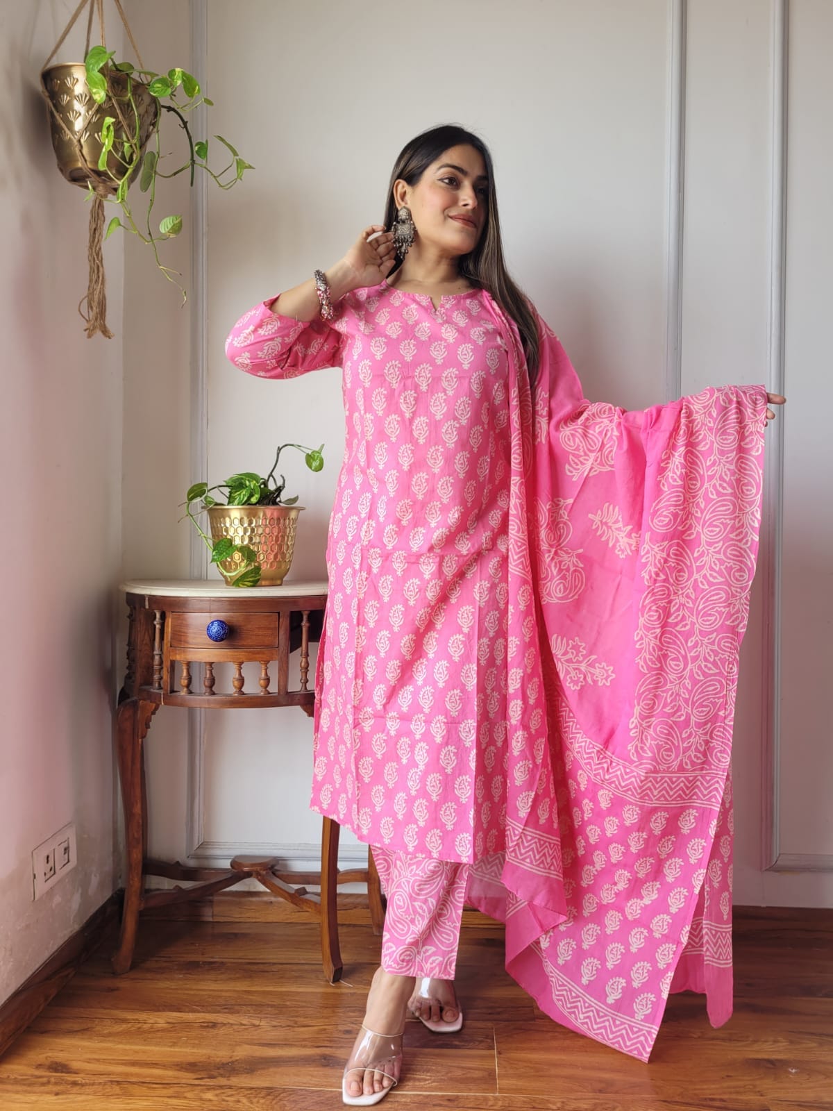 Pink Cotton Printed Suit with Dupatta for Women