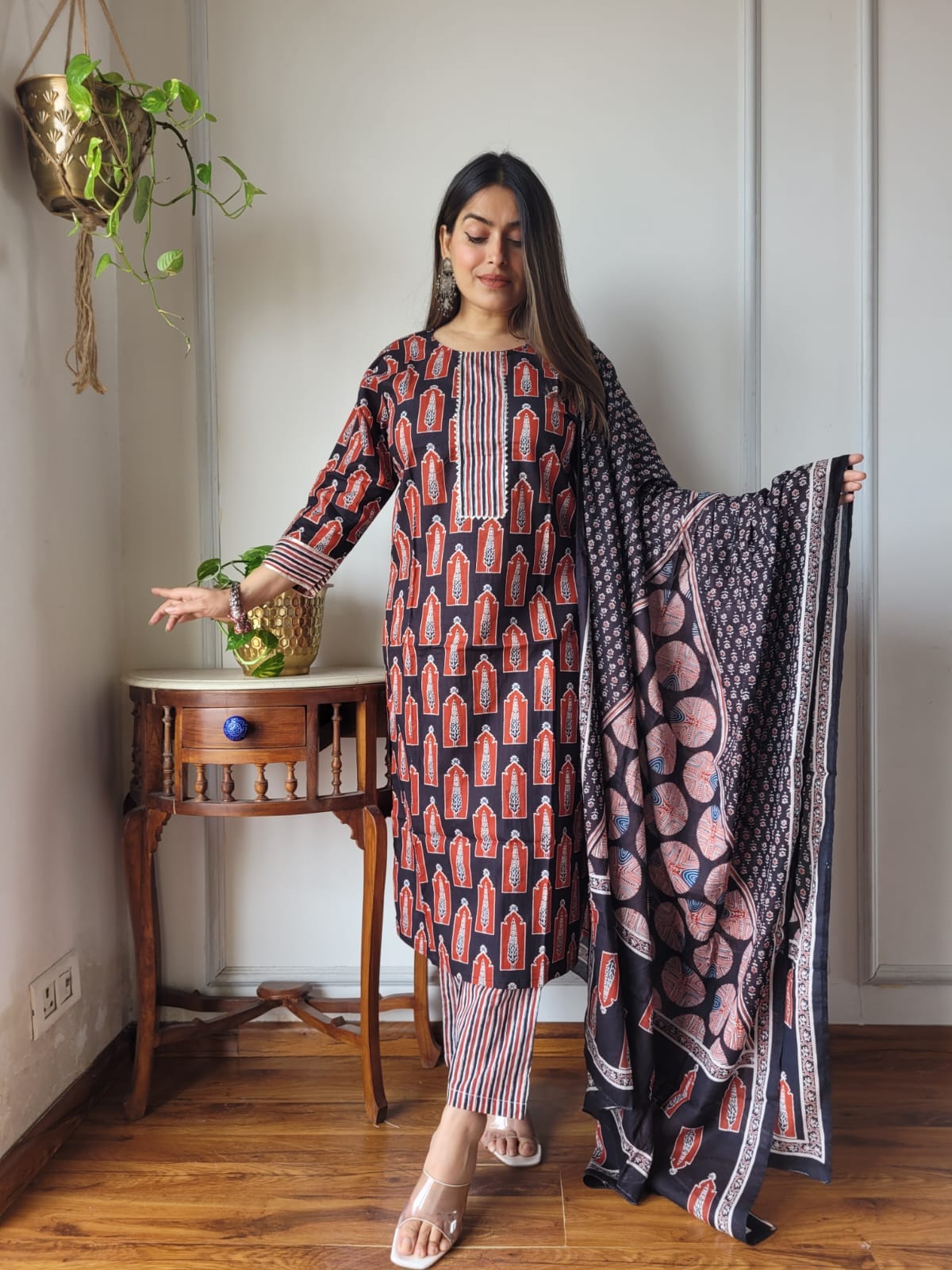 Rust Printed Cotton Suit with Dupatta for Women