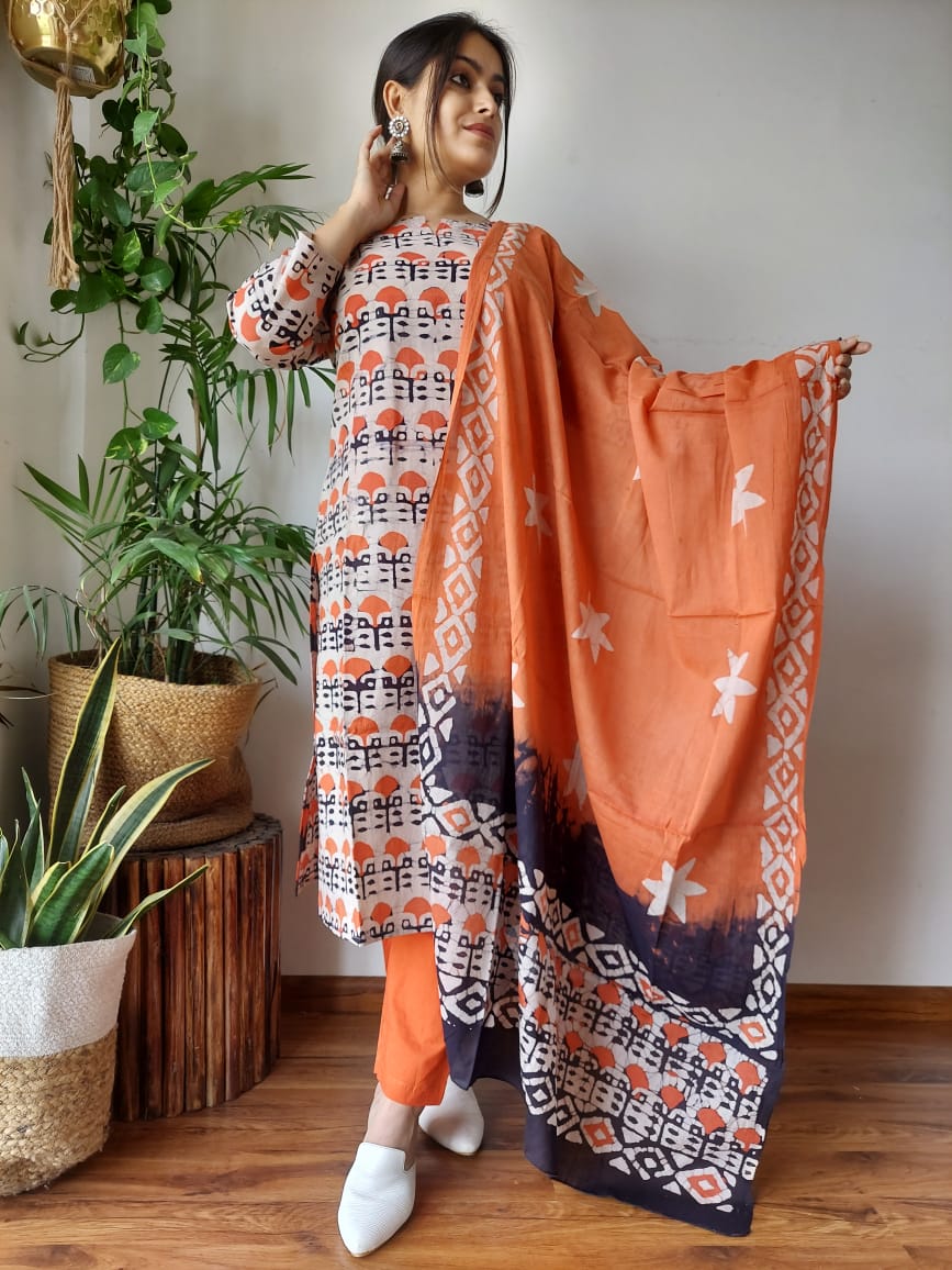 Orange Printed Cotton Suit with Dupatta