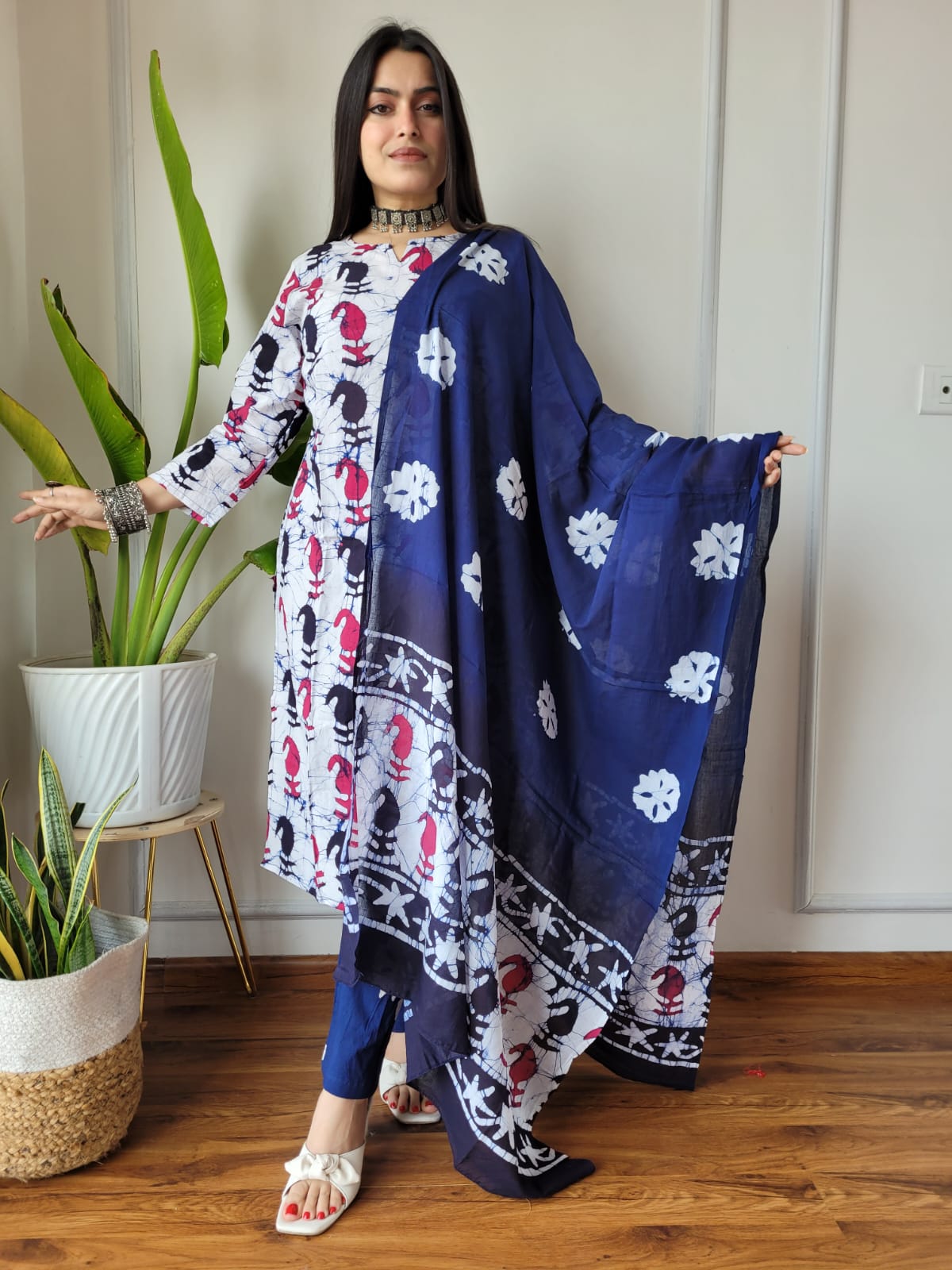 Navy Blue Printed Cotton Suit with Dupatta for Women