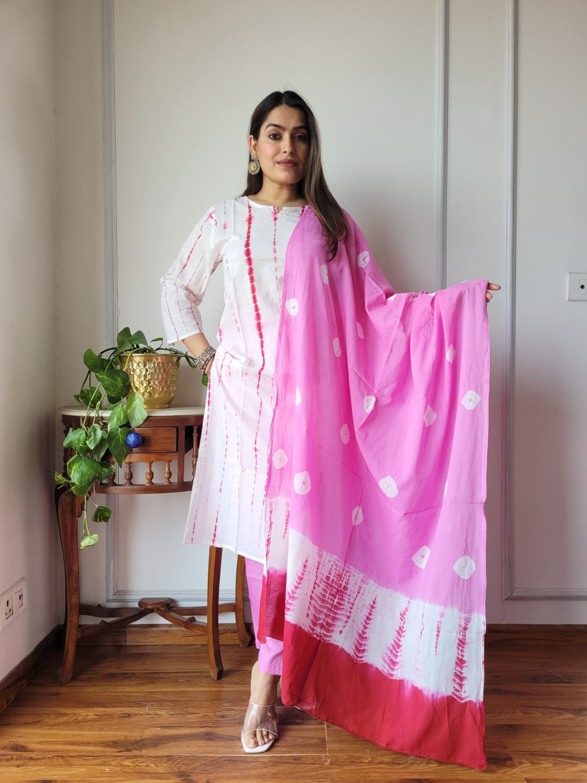 White Pink Tie Dye Cotton Suit with Dupatta for Women