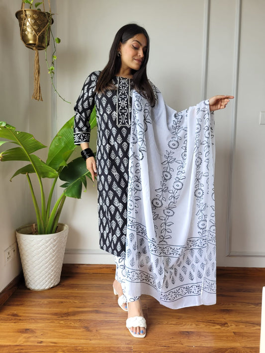 Black White Designer Cotton Suit with Cotton Dupatta