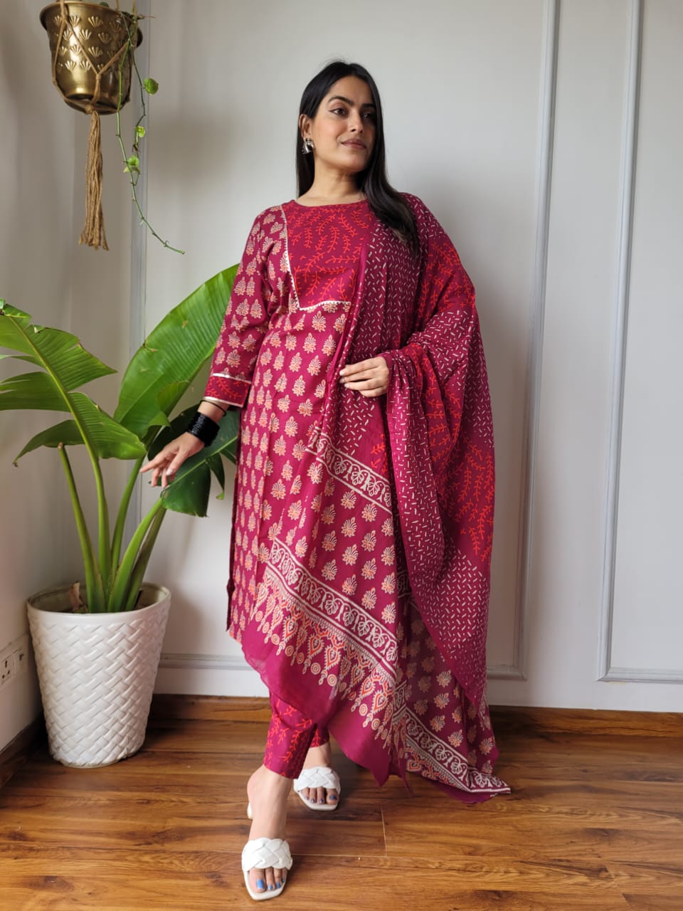 Maroon Printed Cotton Suit with Cotton Dupatta
