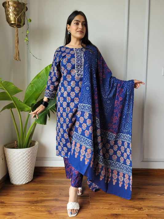 Navy Blue Printed Cotton Suit with Cotton Dupatta for Women