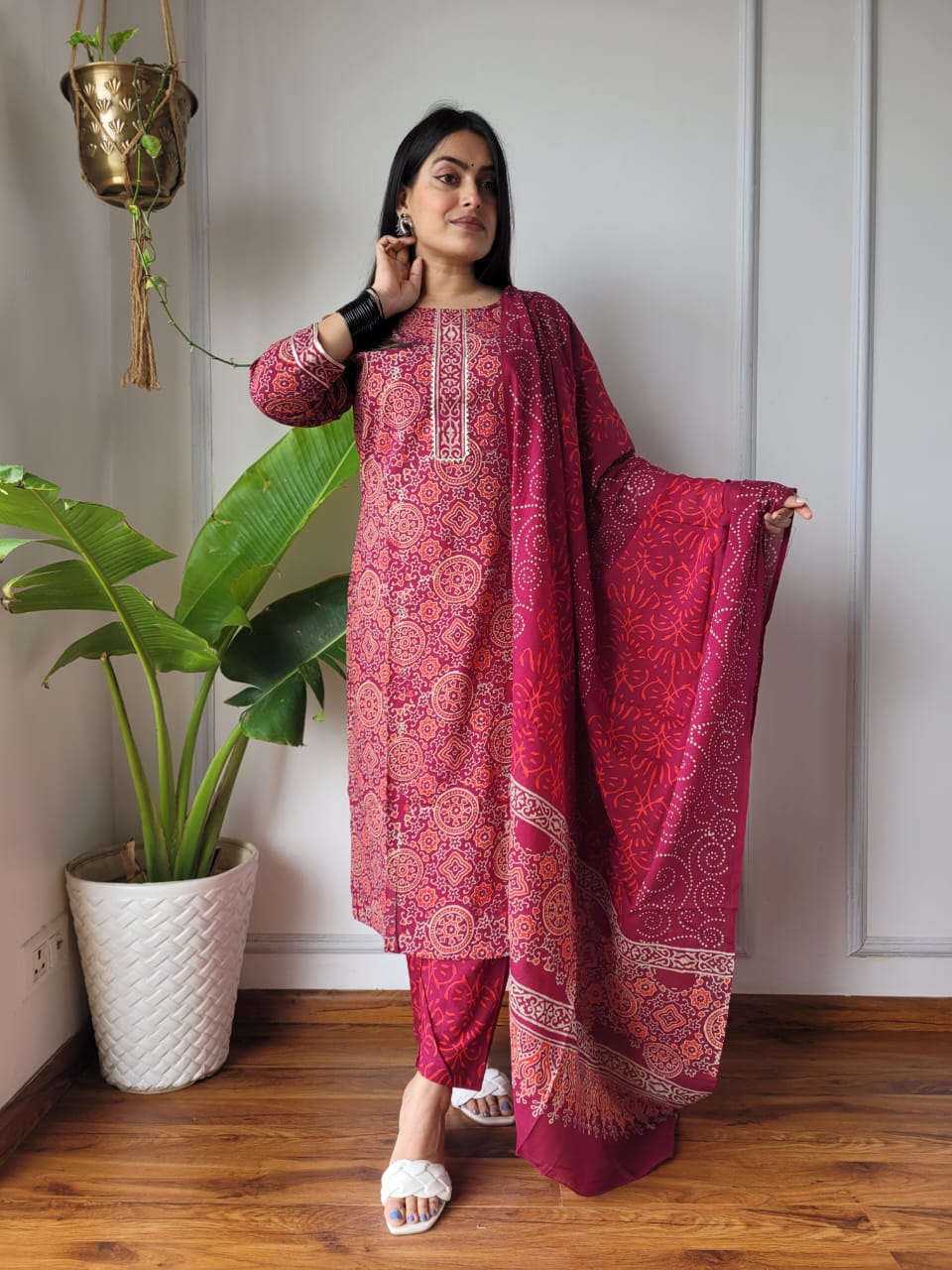 Maroon Printed Cotton Suit with Cotton Dupatta