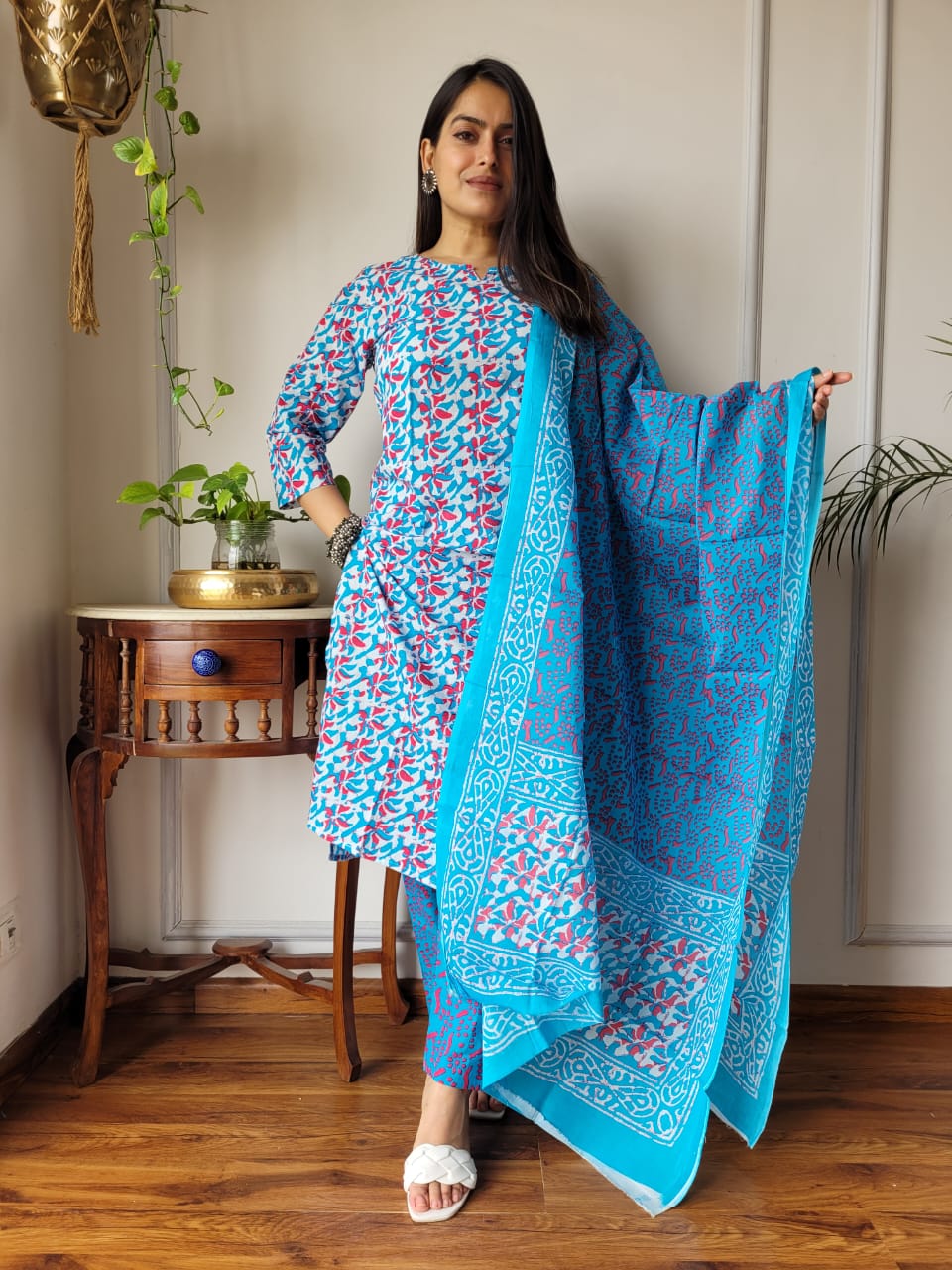 Blue Floral Cotton Suit with Cotton Dupatta
