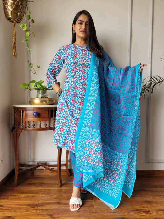 Blue Floral Cotton Suit with Cotton Dupatta