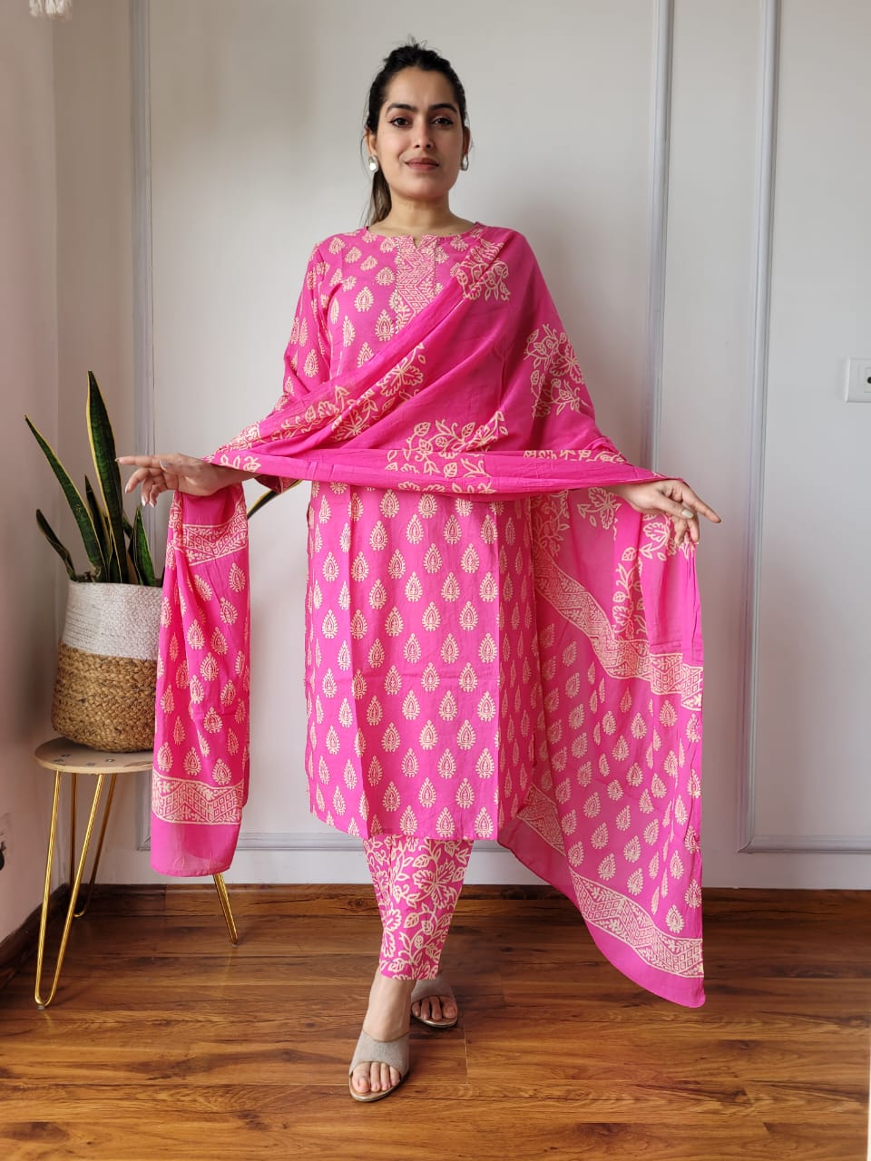 Pink Printed Cotton Suit with Cotton Dupatta