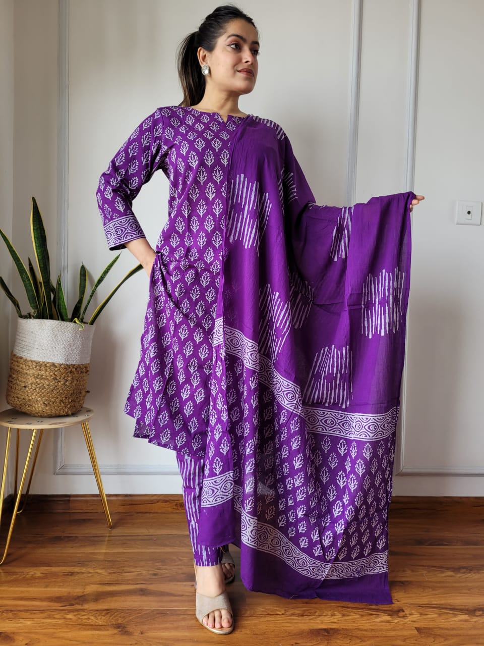 Purple Printed Cotton Suit with Cotton Dupatta for Women