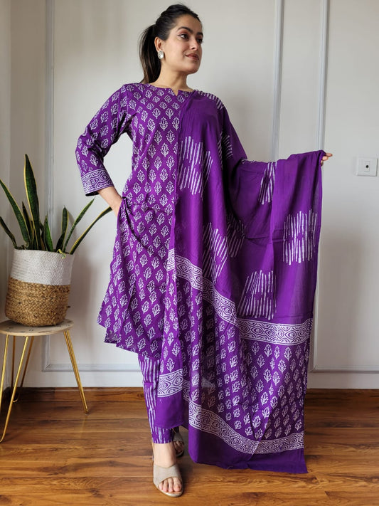 Purple Printed Cotton Suit with Cotton Dupatta for Women