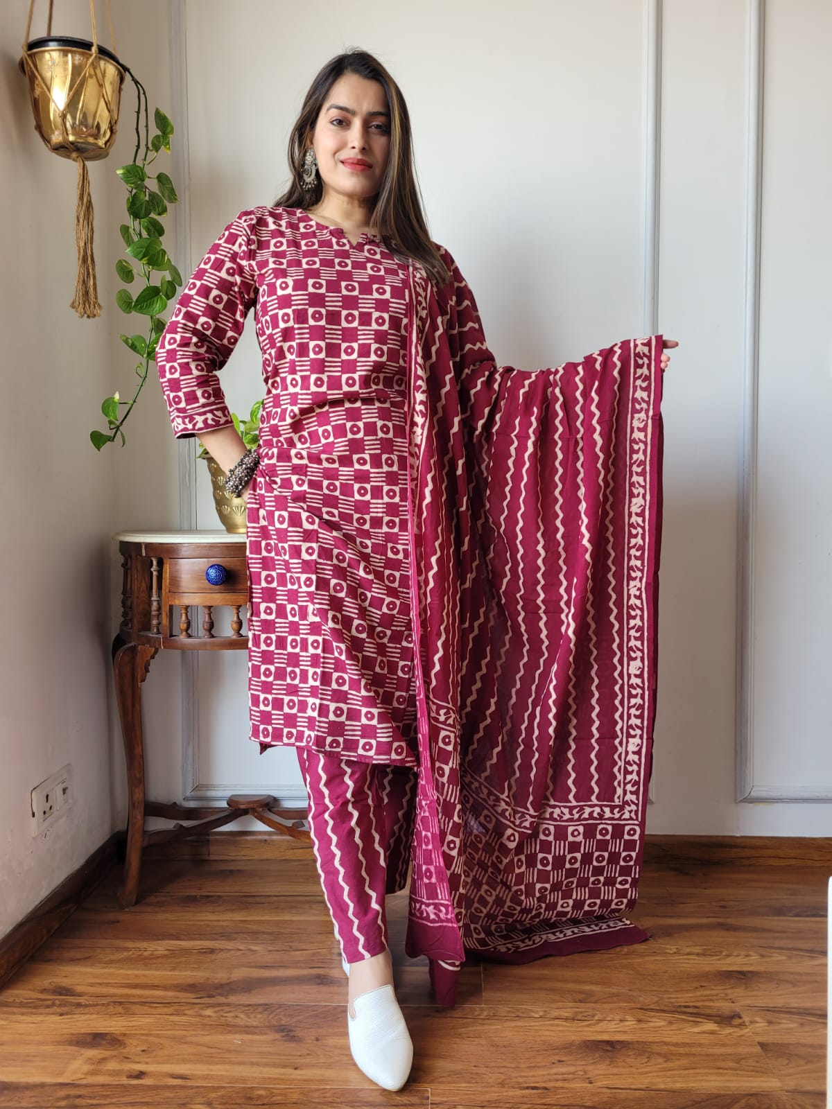 Maroon Printed Cotton Suit with Cotton Dupatta
