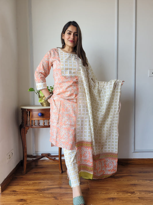 Peach Printed Cotton Suit with Cotton Dupatta for Women