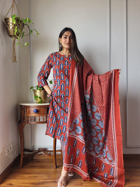 Designer Red Printed Cotton Suit with Cotton Dupatta