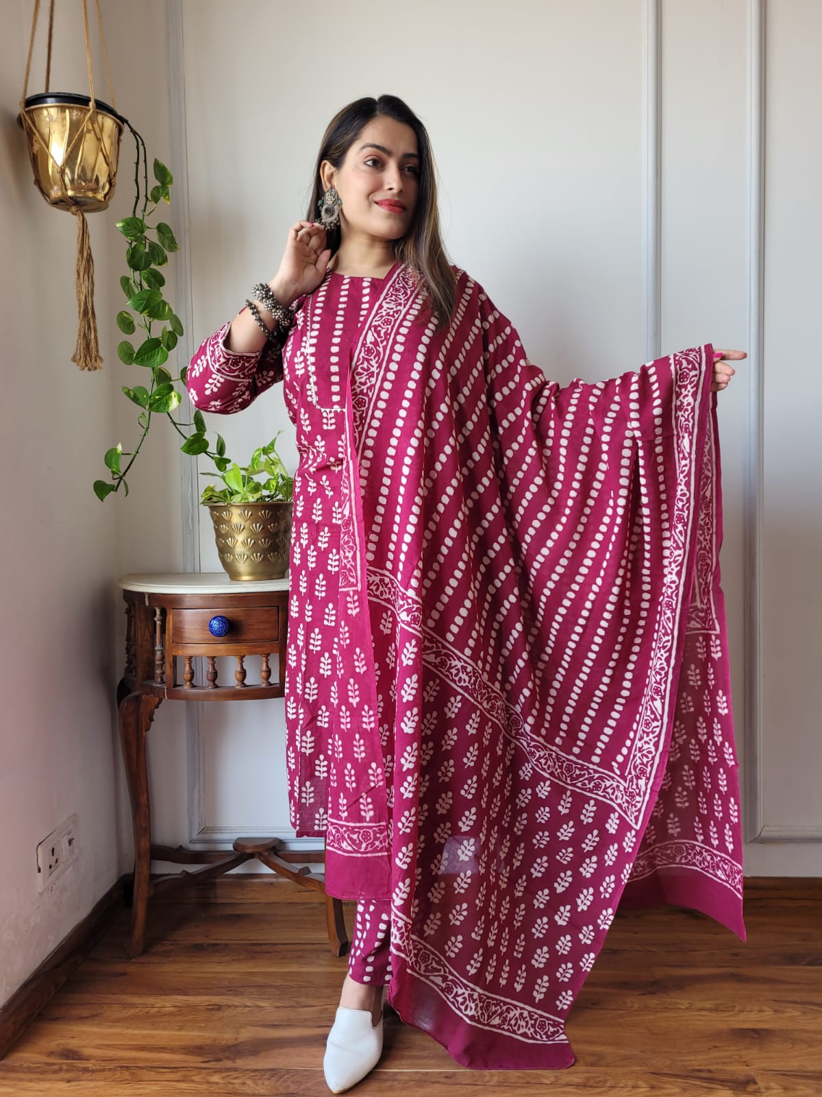Wine Printed Cotton Suit with Cotton Dupatta