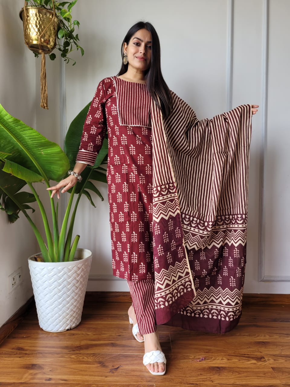Maroon Printed Cotton Suit with Cotton Dupatta for Women