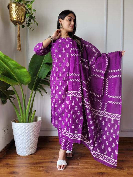 Purple Printed Cotton Suit with Cotton Dupatta for Women