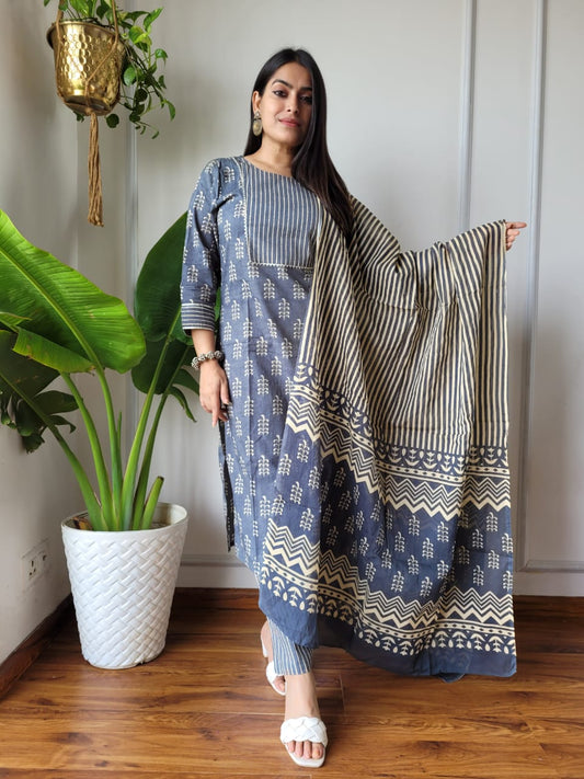 Grey Printed Cotton Suit with Cotton Dupatta