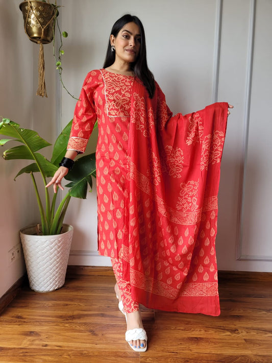 Red Printed Cotton Suit with Cotton Dupatta for Women