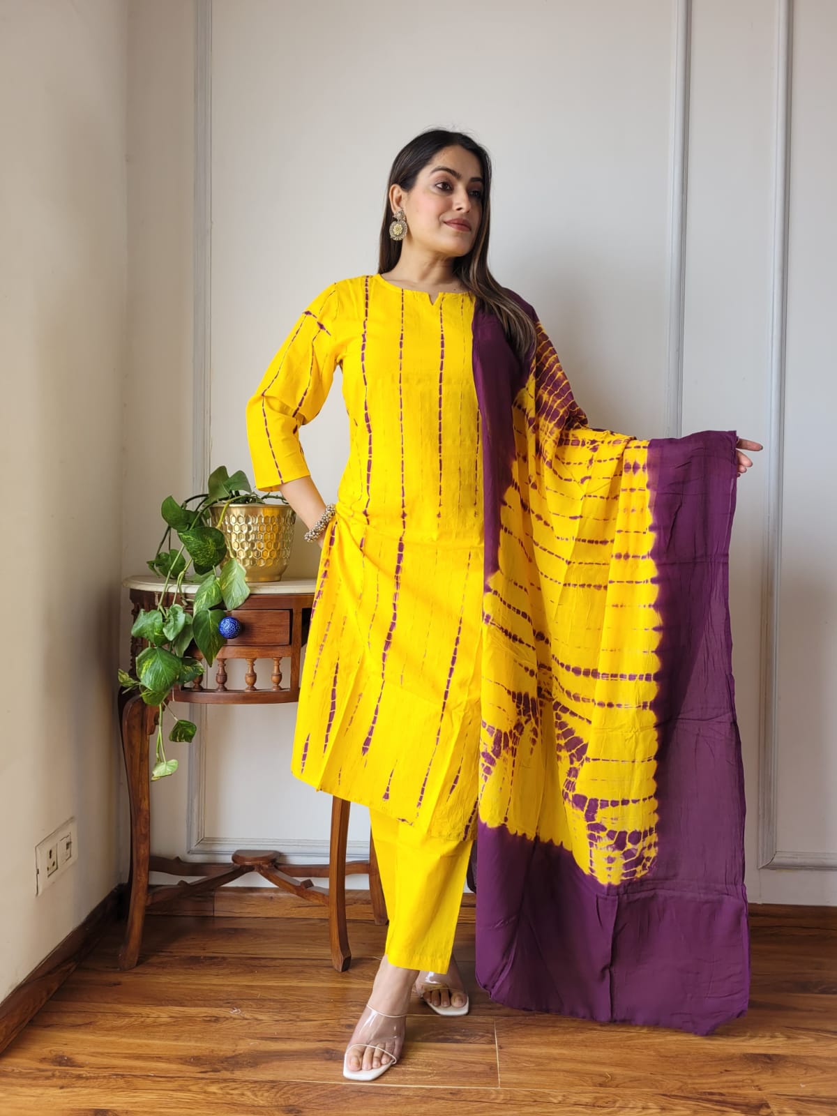 Yellow Tie Dye Cotton Suit Set with Cotton Dupatta for Women
