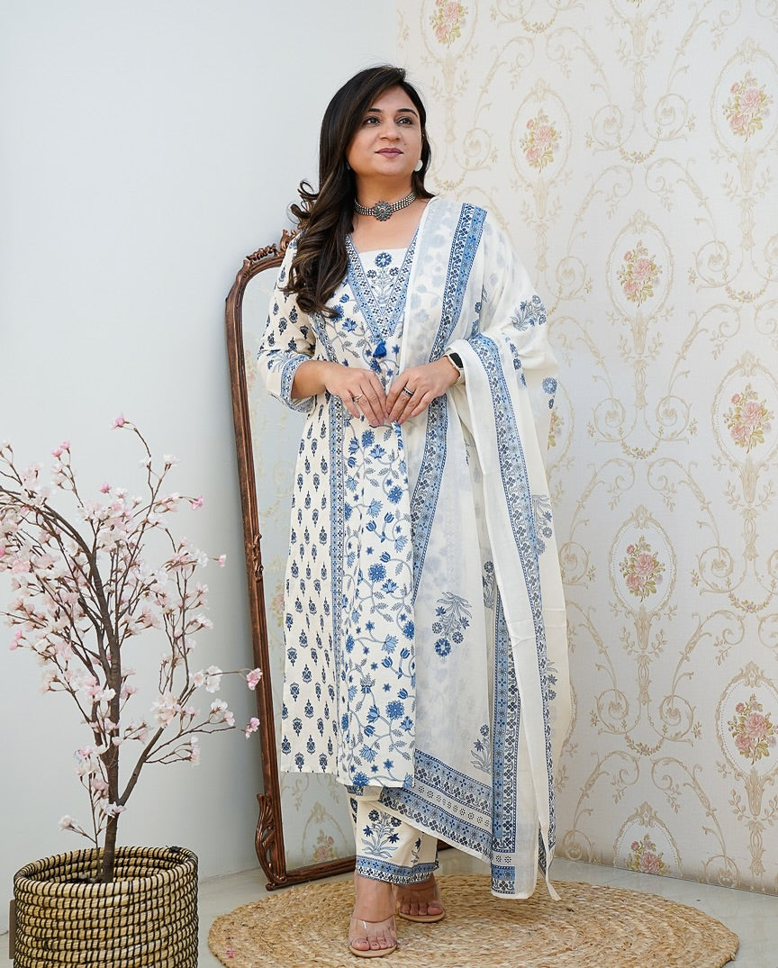 Blue Floral Printed Cotton Suit with Dupatta for Women