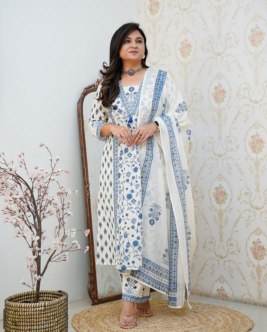 Blue Floral Printed Cotton Suit with Dupatta for Women