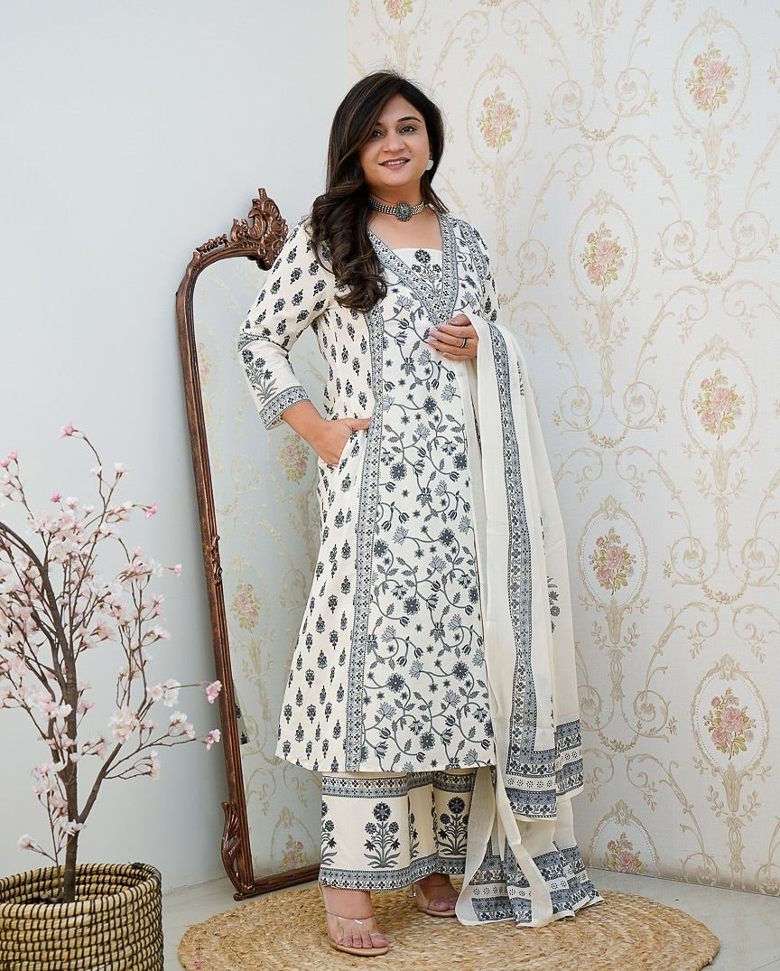Elegant Black Floral Printed Cotton Suit Set with Dupatta for Women