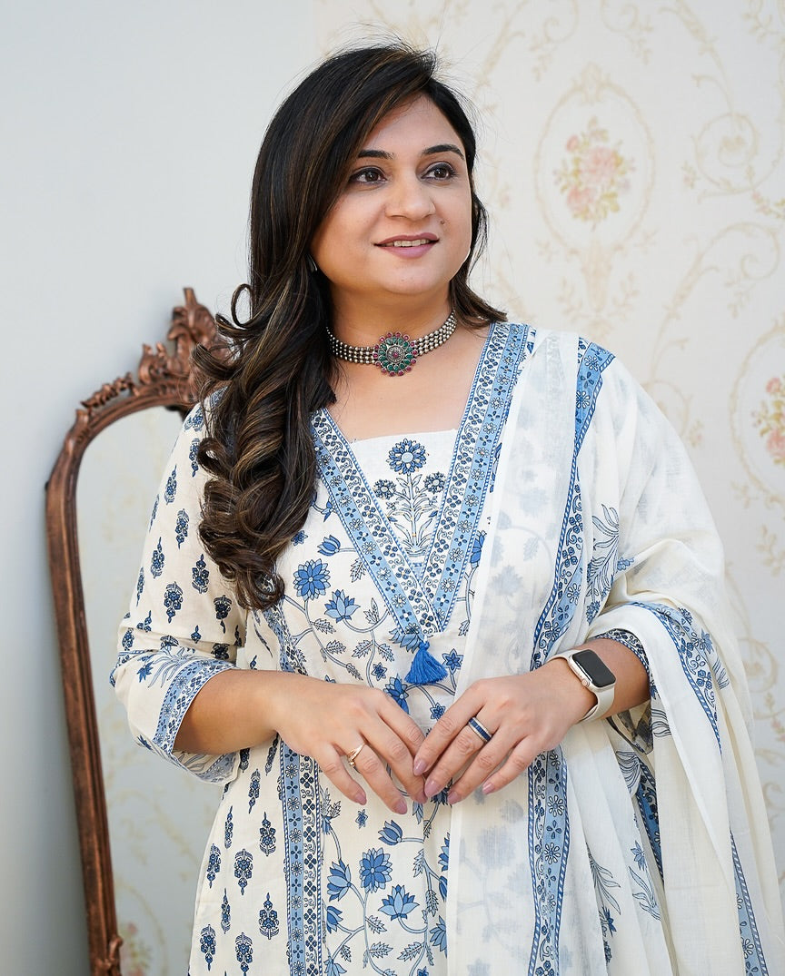 Blue Floral Printed Cotton Suit with Dupatta for Women