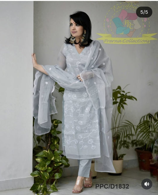 Elegant Grey Embroidered Cotton Suit Set with Dupatta for Women