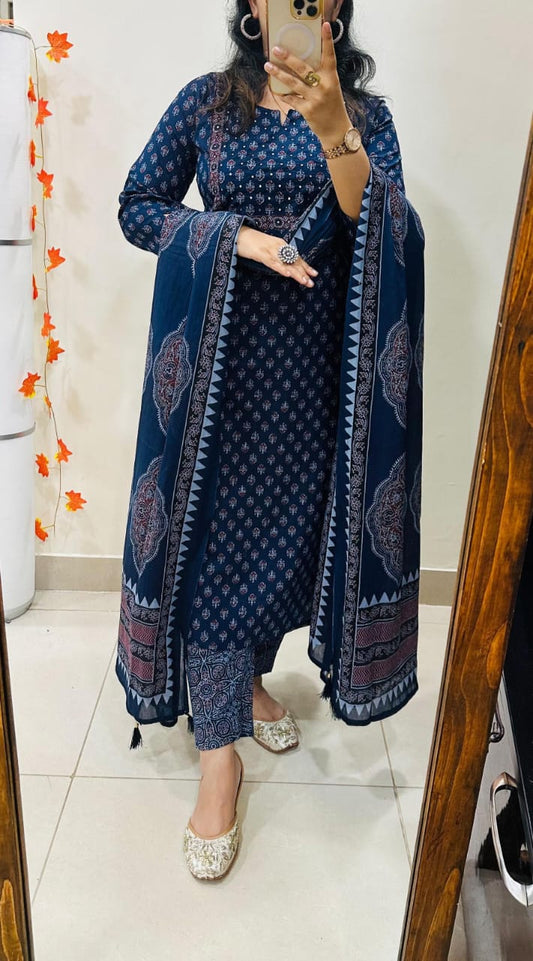Navy Blue Printed Cotton Suit Set with Dupatta for Women