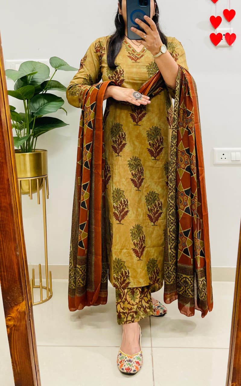Olive Green Printed Cotton Suit Set with Dupatta