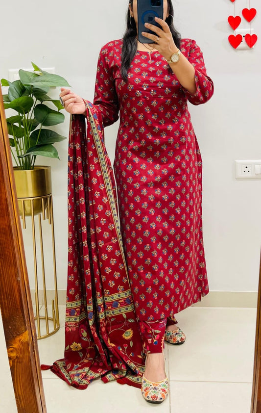 Red Printed Cotton Suit Set with Dupatta