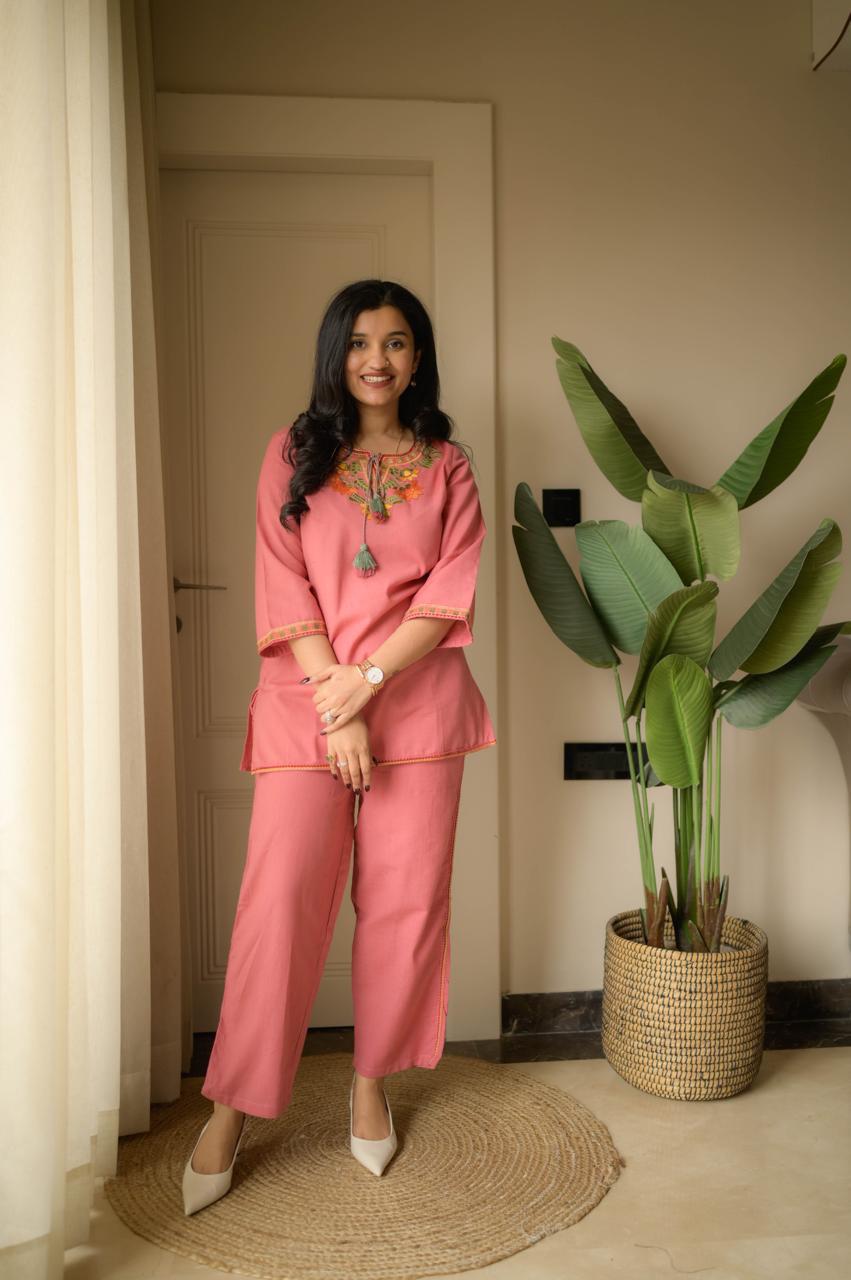 Pink Embroidered Kurta Pant Set for Women – Elegant Ethnic Co-ord Set