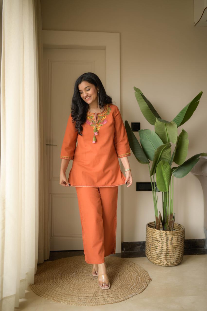 Rust Orange Embroidered Kurta Pant Set for Women – Stylish Ethnic Co-ord Outfit