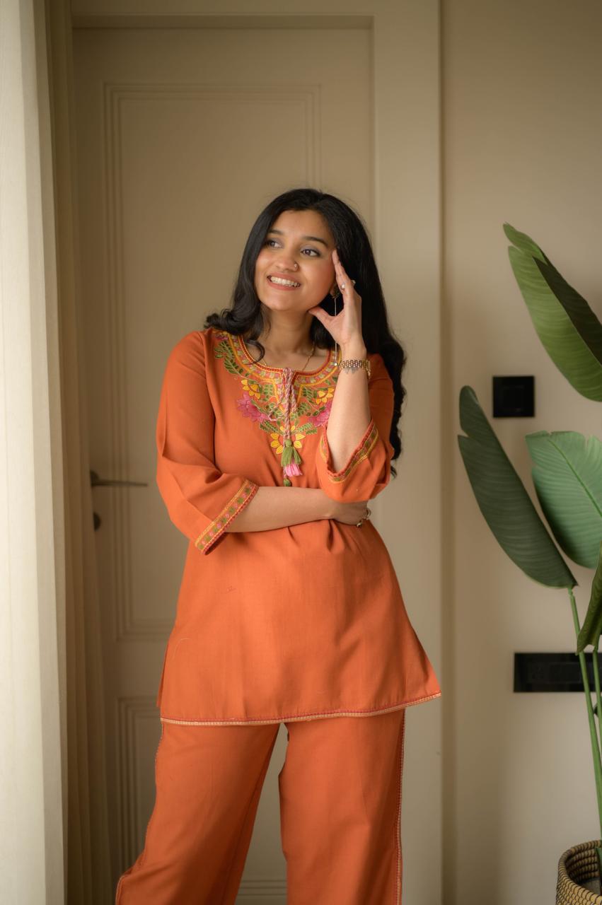 Rust Orange Embroidered Kurta Pant Set for Women – Stylish Ethnic Co-ord Outfit