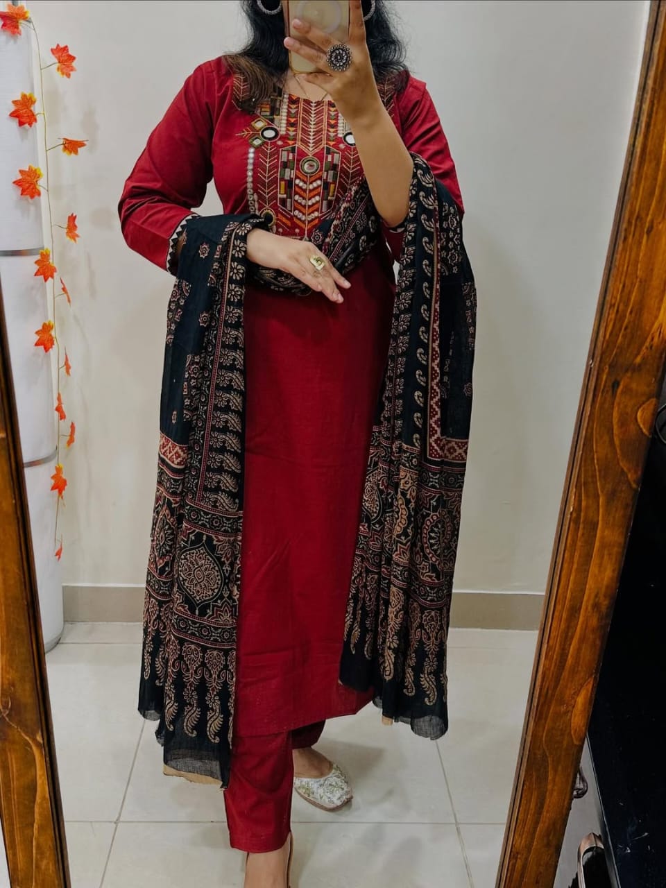 Elegant Red Cotton Kurta Pant Set with Black Ajrakh Dupatta for Women