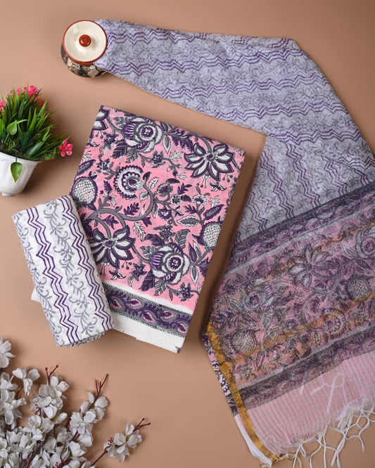 purple pink printed cotton suit with kota doriya dupatta
