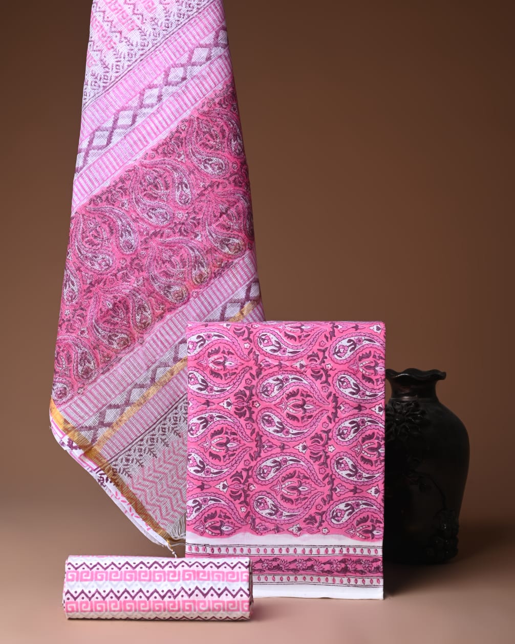 hot pink printed cotton suit with kota doriya dupatta