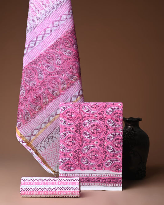 hot pink printed cotton suit with kota doriya dupatta