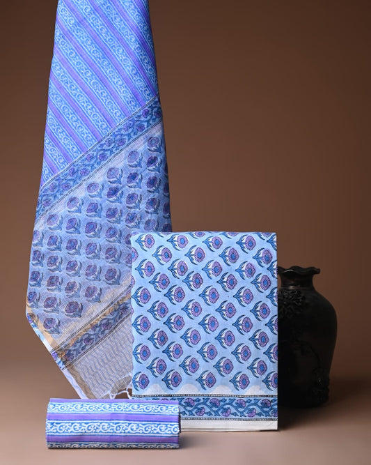 lavender blue printed cotton suit with kota doriya dupatta