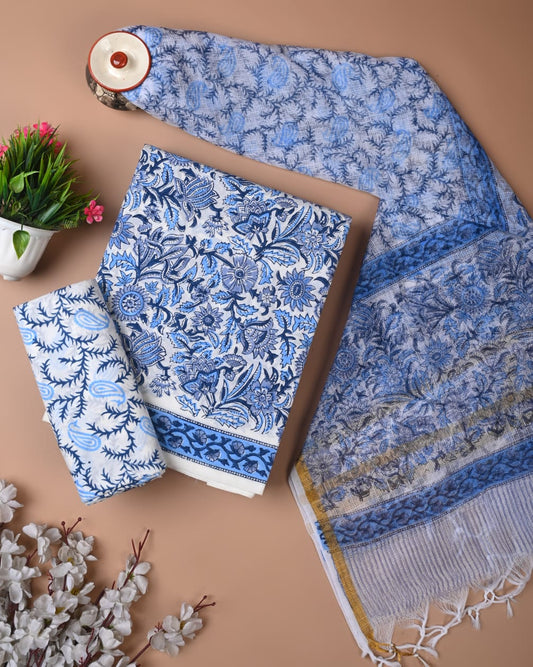 royal blue hand block cotton suit with kota doriya dupatta