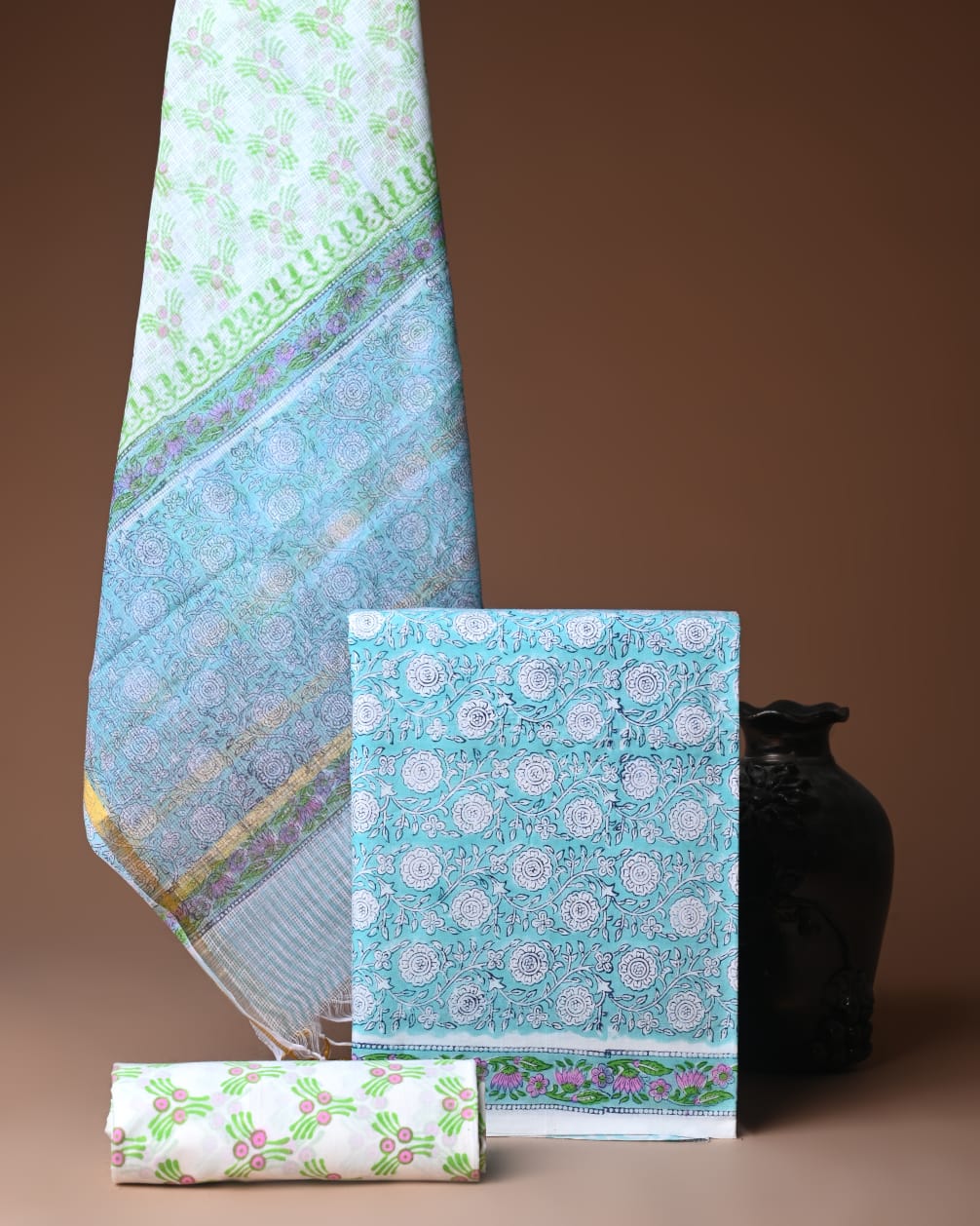 beige hand block cotton suit with kota doriya dupatta