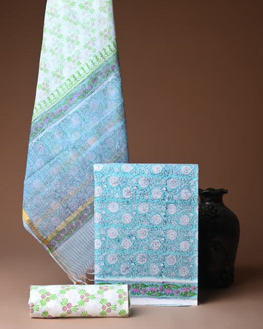 beige hand block cotton suit with kota doriya dupatta