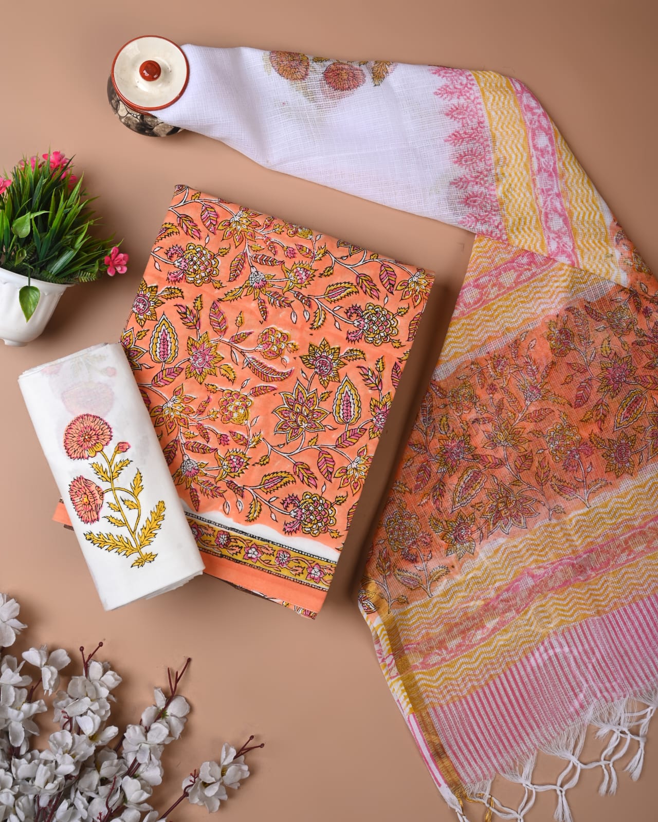 orange floral cotton suit with kota doriya dupatta