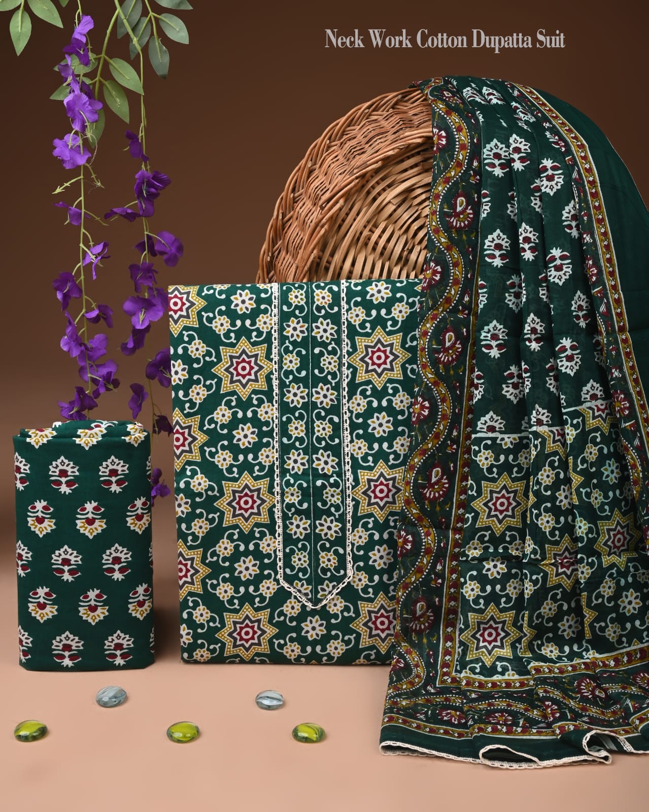 Dark Green Cotton Neck Work Dupatta Suit Set for Women | Ethnic Wear (MVCOT102)