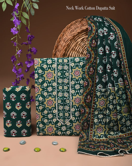 Dark Green Cotton Neck Work Dupatta Suit Set for Women | Ethnic Wear (MVCOT102)