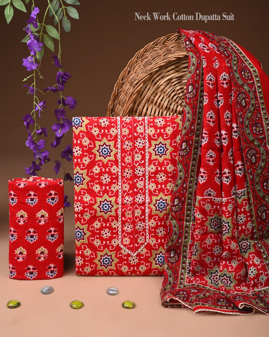 Red Cotton Printed Dupatta Suit Set for Women | Ethnic Wear (MVCOT103)