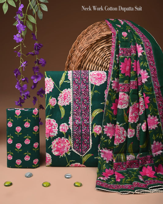 Dark Green Floral Cotton Neck Work Dupatta Suit Set for Women (MVCOT104)