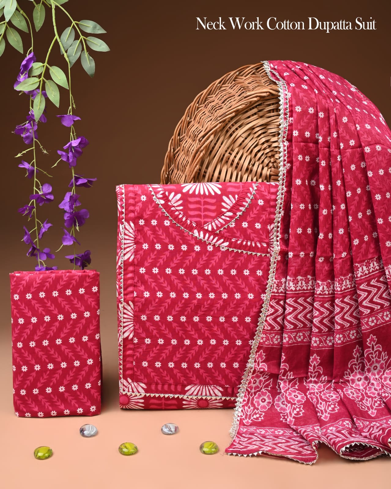 Red cotton suit set with neck work and printed dupatta for women