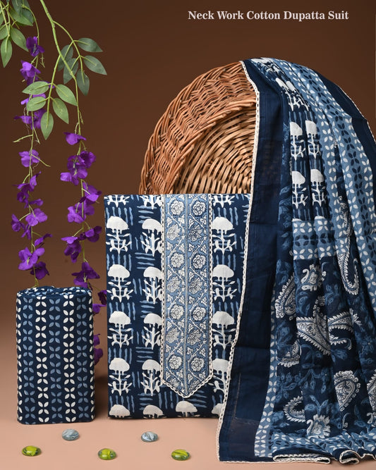 Indigo Blue Printed Cotton Neck Work Dupatta Suit Set (MVCOT110)