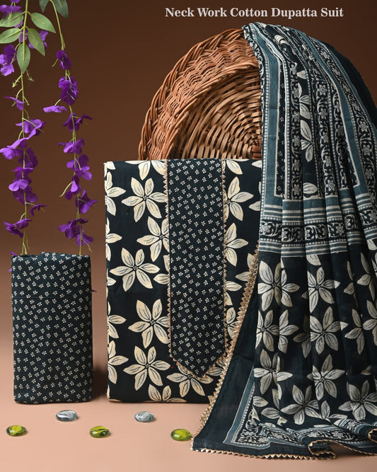 Black Floral Cotton Dupatta Suit Set for Women | Neck Work Printed Design (MVCOT114)